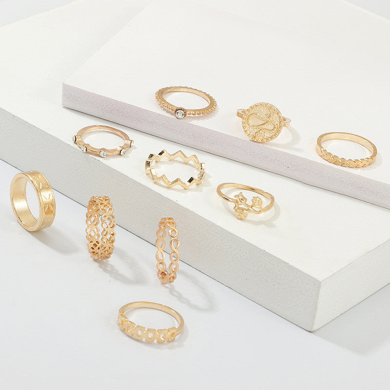 Boho 10 Piece Gold Retro Snake Wave Arrow Flower Crystal Jewelry Ring Set