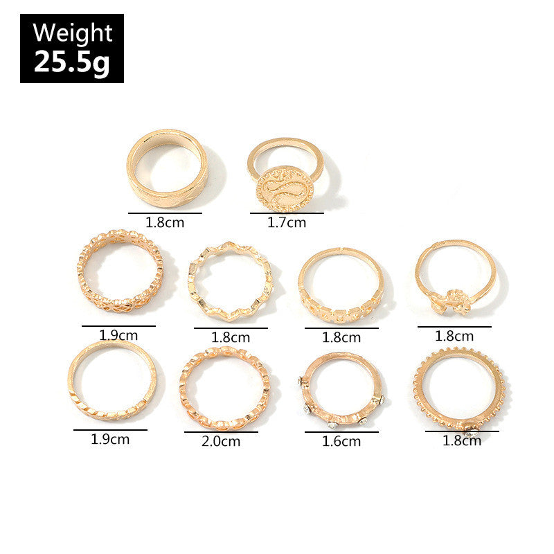 Boho 10 Piece Gold Retro Snake Wave Arrow Flower Crystal Jewelry Ring Set
