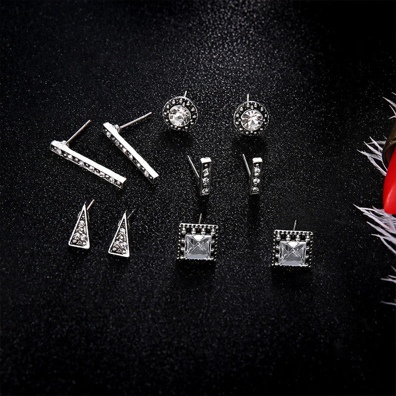 Ladies Boho Retro Triangle Round Geo Crystal Silver Bling Earrings Set