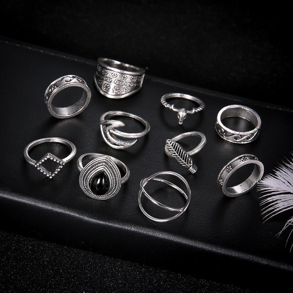 Fashion Water Drop 10 Piece Gem Flower Personality Girl Carved Cross Leaf Waves Silver Ring Set