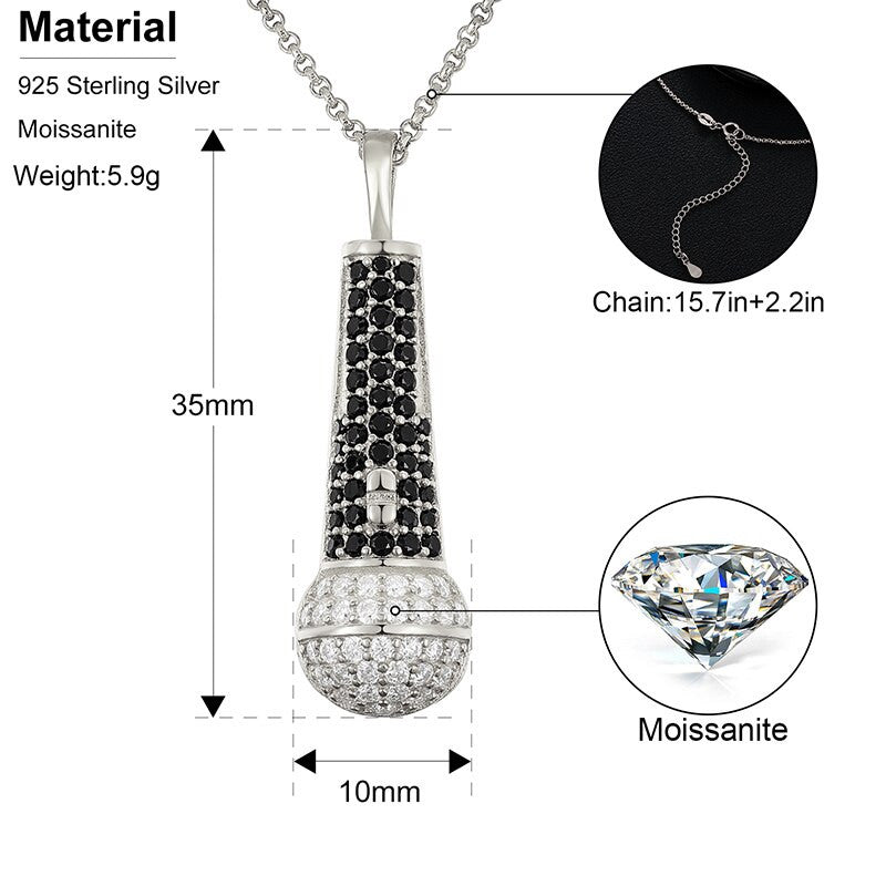 Solid Sterling Silver VVS Genuine Lab Diamond Hip Hop Microphone Chain Pendant