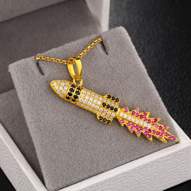 Genuine Diamond Solid 925 Flaming Missile Hip Hop Pendant Chain Necklace