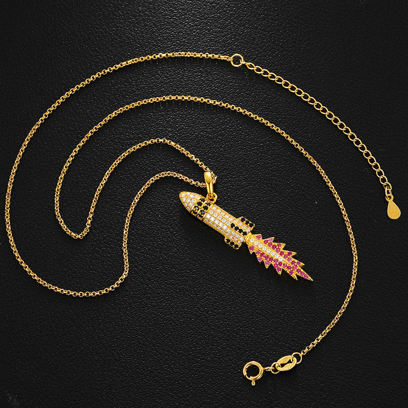 Genuine Diamond Solid 925 Flaming Missile Hip Hop Pendant Chain Necklace