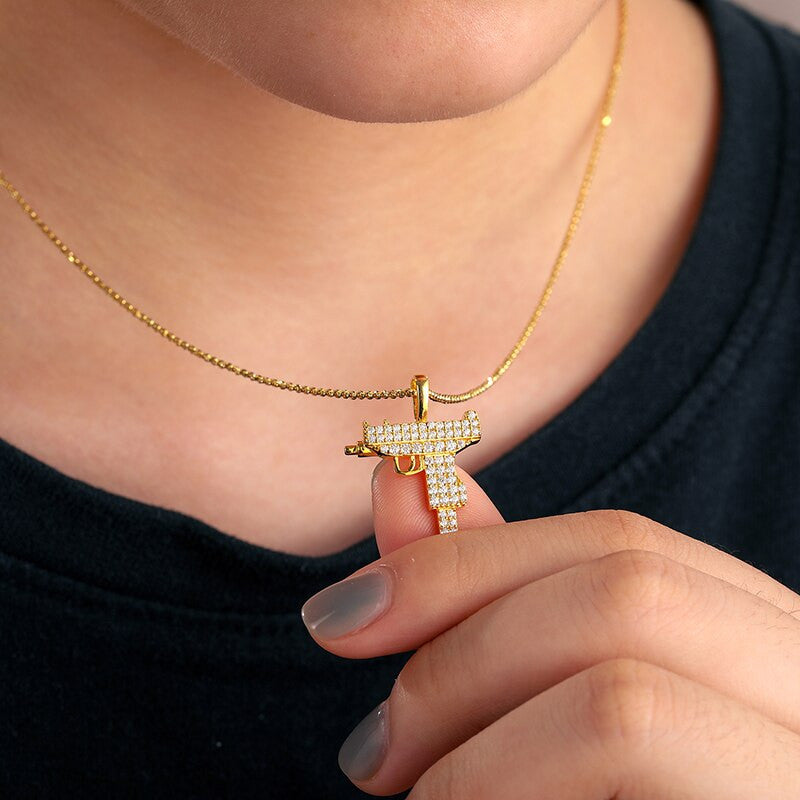 Genuine VVS Lab Diamond 925 Sterling Silver Uzi Machine Gun Hip Hop Chan Necklace