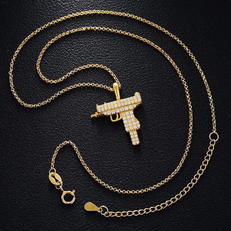 Genuine VVS Lab Diamond 925 Sterling Silver Uzi Machine Gun Hip Hop Chan Necklace