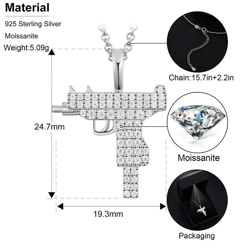 Genuine VVS Lab Diamond 925 Sterling Silver Uzi Machine Gun Hip Hop Chan Necklace