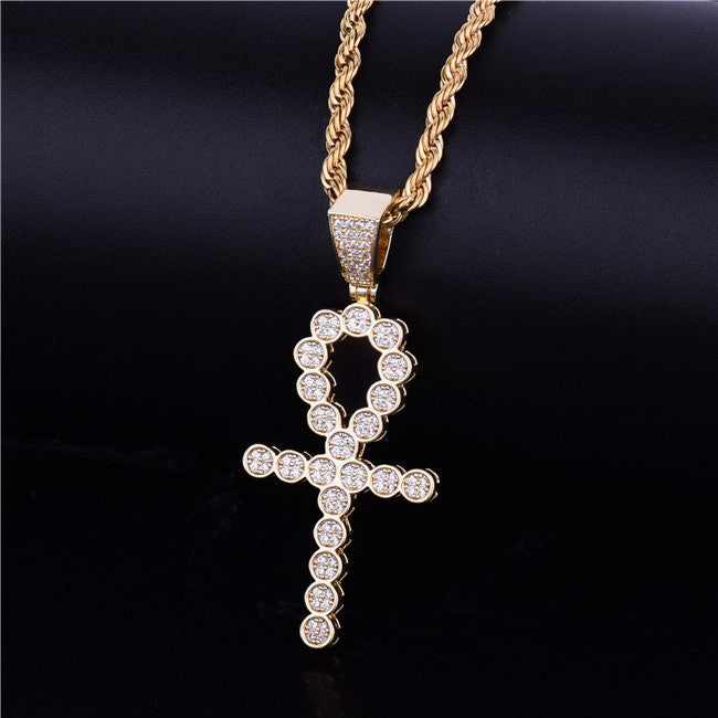 Key Of Life Ankh Cross 18k Rose Gold Silver Deep Set Micro Pave Stone Pendant Chain Necklace
