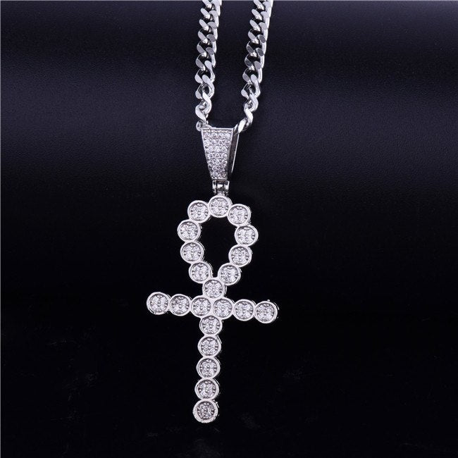 Key Of Life Ankh Cross 18k Rose Gold Silver Deep Set Micro Pave Stone Pendant Chain Necklace