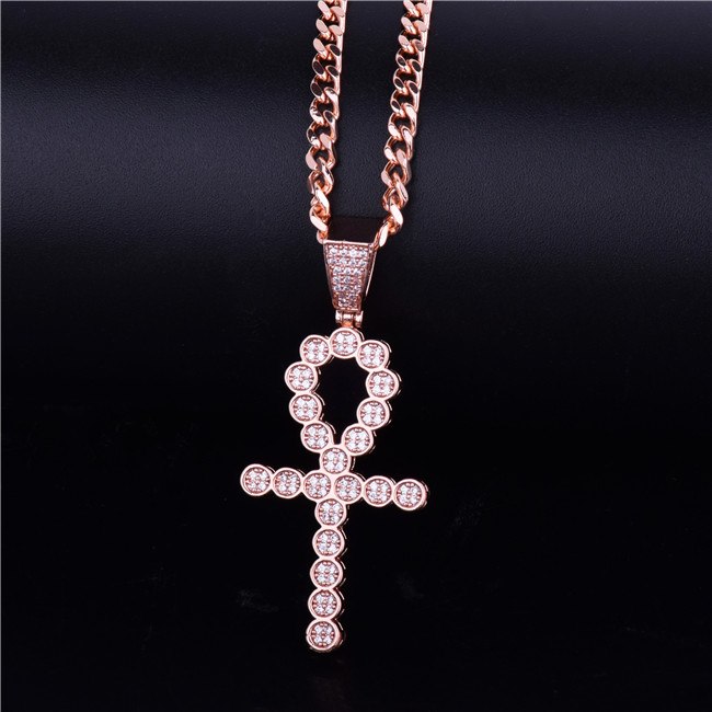 Key Of Life Ankh Cross 18k Rose Gold Silver Deep Set Micro Pave Stone Pendant Chain Necklace