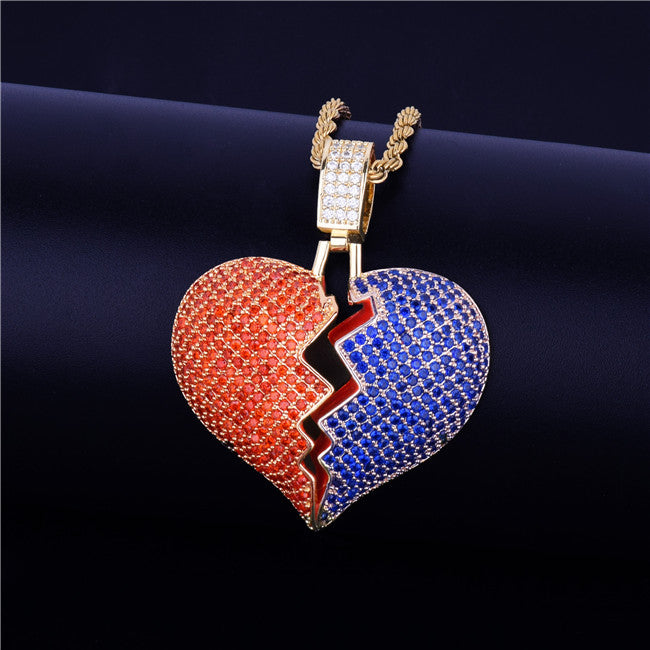 18k Rose .925 Silver Red Blue Broken Heart Breaker Hip Hop Pendant Chain Necklace