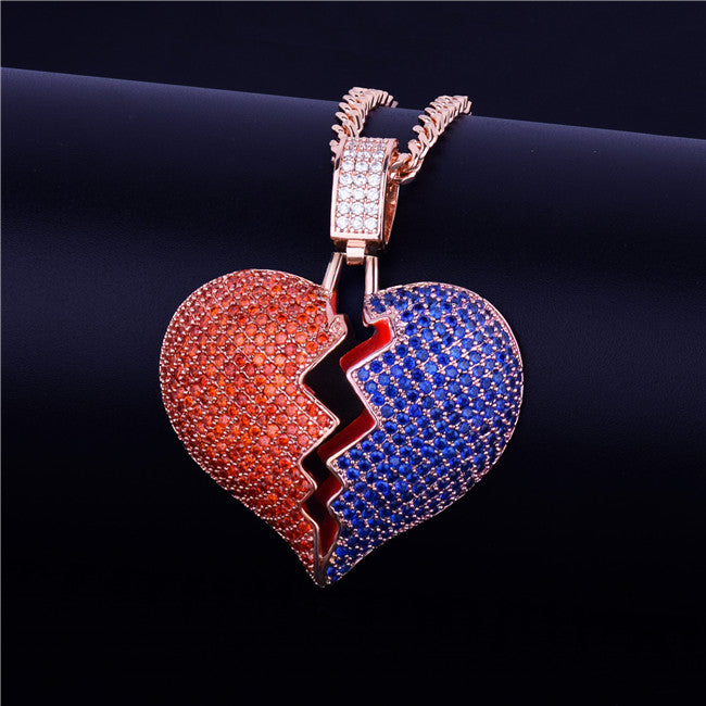 18k Rose .925 Silver Red Blue Broken Heart Breaker Hip Hop Pendant Chain Necklace