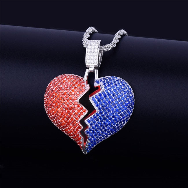 18k Rose .925 Silver Red Blue Broken Heart Breaker Hip Hop Pendant Chain Necklace