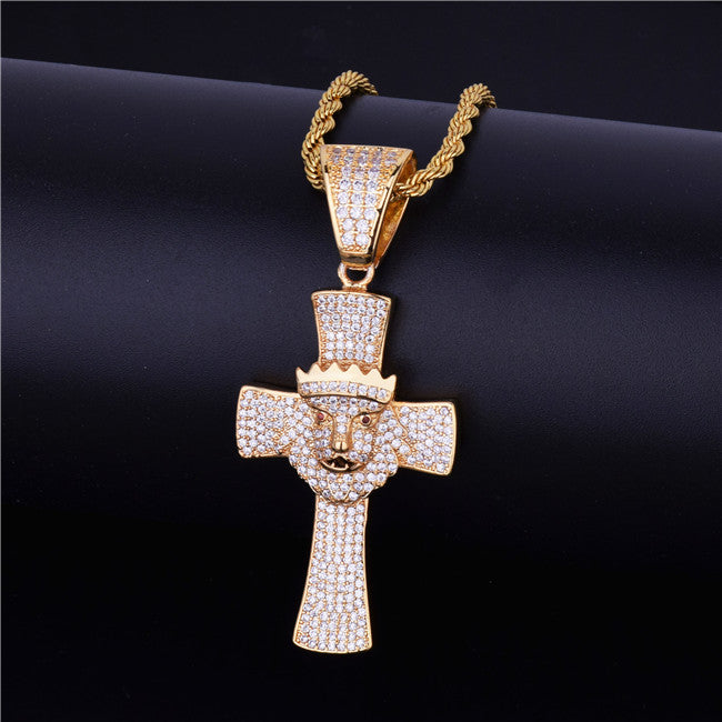VVS Diamond Micro Pave 18k Gold .925 Silver Lion Of Judah Hip Hop Cross Pendant