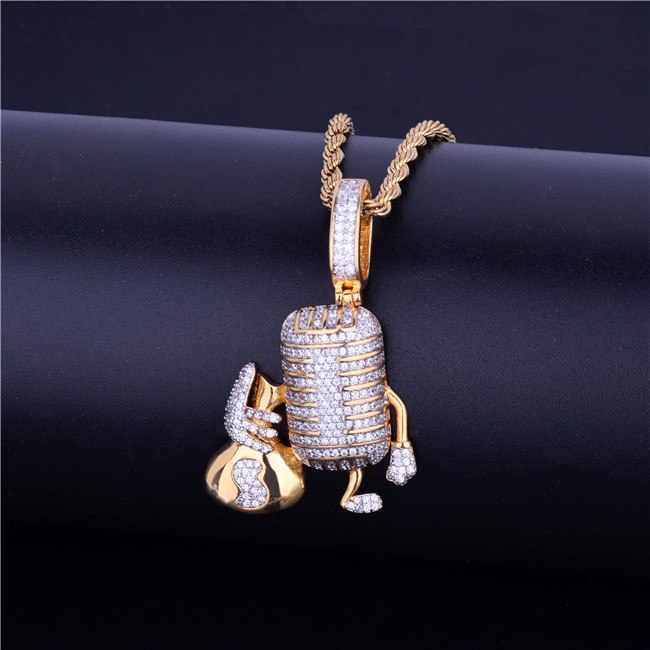 18k Gold .925 Silver Microphone Money Bag Hip Hop Pendant Chain Necklace