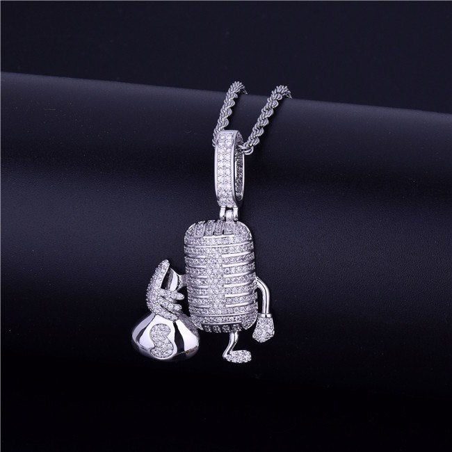 18k Gold .925 Silver Microphone Money Bag Hip Hop Pendant Chain Necklace