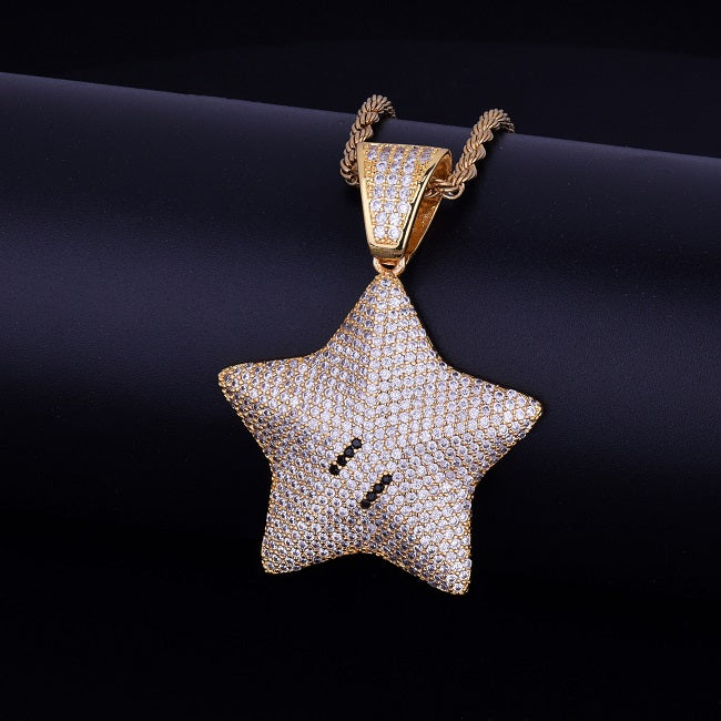18k Gold .925 Silver Mario Power Star AAA True Micro Pave Bling Pendant Chain Necklace