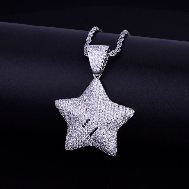 18k Gold .925 Silver Mario Power Star AAA True Micro Pave Bling Pendant Chain Necklace