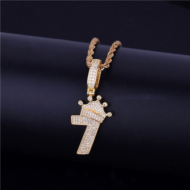 Kings Crown 18k Gold 925 Silver Lucky Number 7 AAA True Micro Pave Flooded Ice Chain