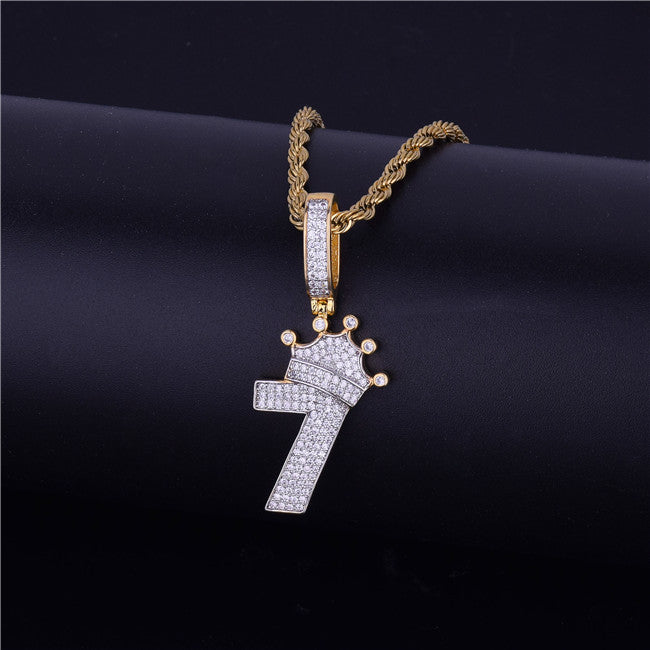 Kings Crown 18k Gold 925 Silver Lucky Number 7 AAA True Micro Pave Flooded Ice Chain