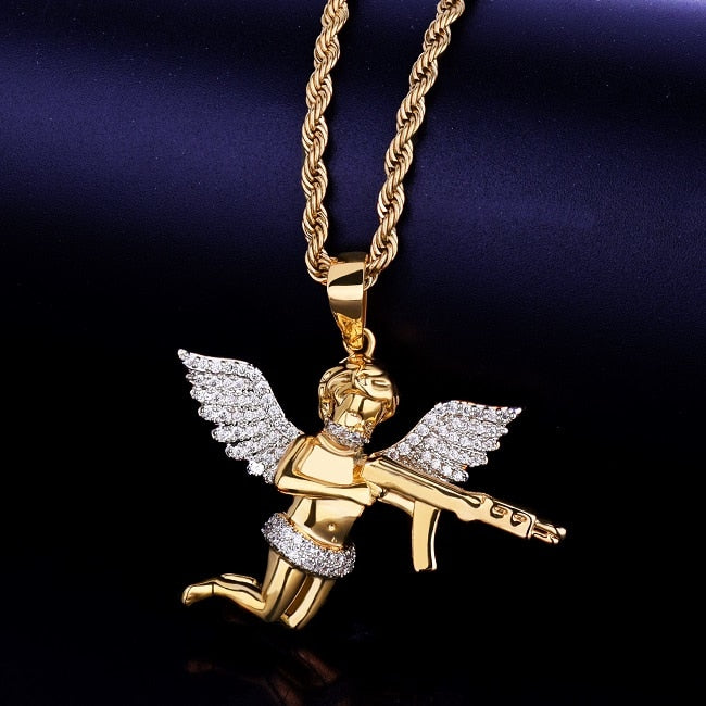 Mens 18k Gold Chopper Ak47 Guardian Angel Cherub Hip Hop Pendant Chain Necklace