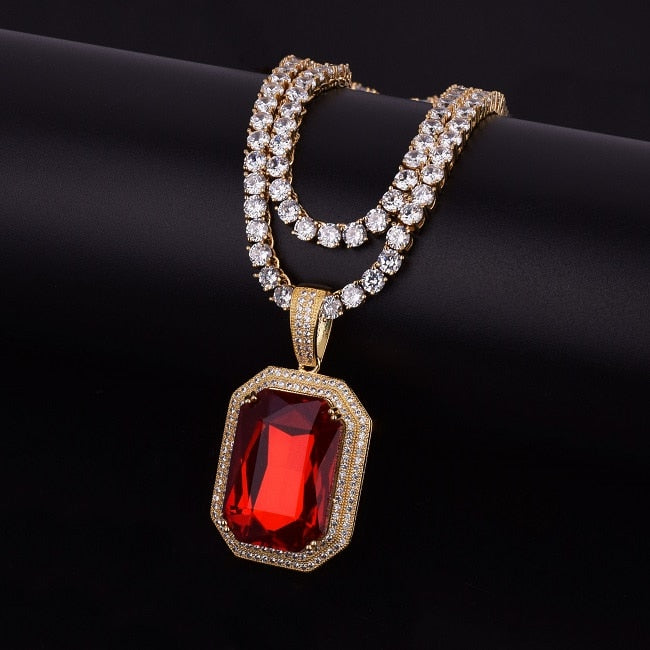 Flooded Ice Ruby Red Gemstone Hip Hop Pendant With 4mm Tennis Chain Necklace