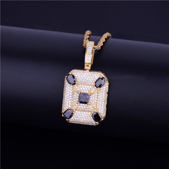 Black Solitaire Big Boy Square Center Stone Unique Designer Hip Hop Pendant Chain Necklace