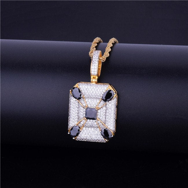 Black Solitaire Big Boy Square Center Stone Unique Designer Hip Hop Pendant Chain Necklace