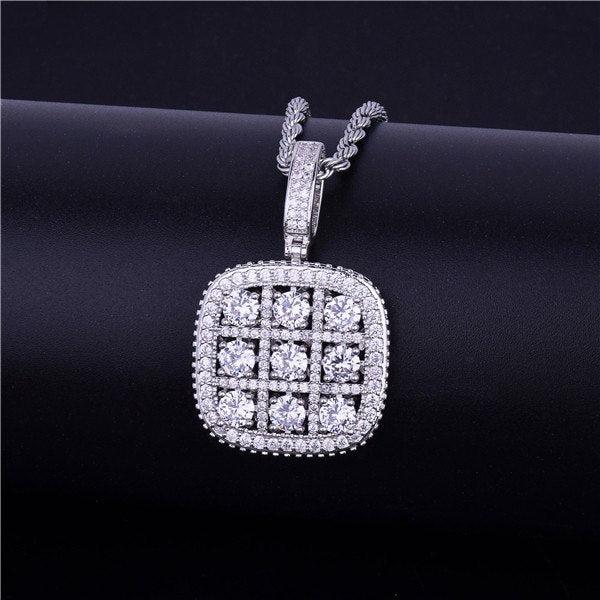 Big Boy Flooded Ice 18k Gold .925 Silver Solitaire Square Cluster Pendant Chain