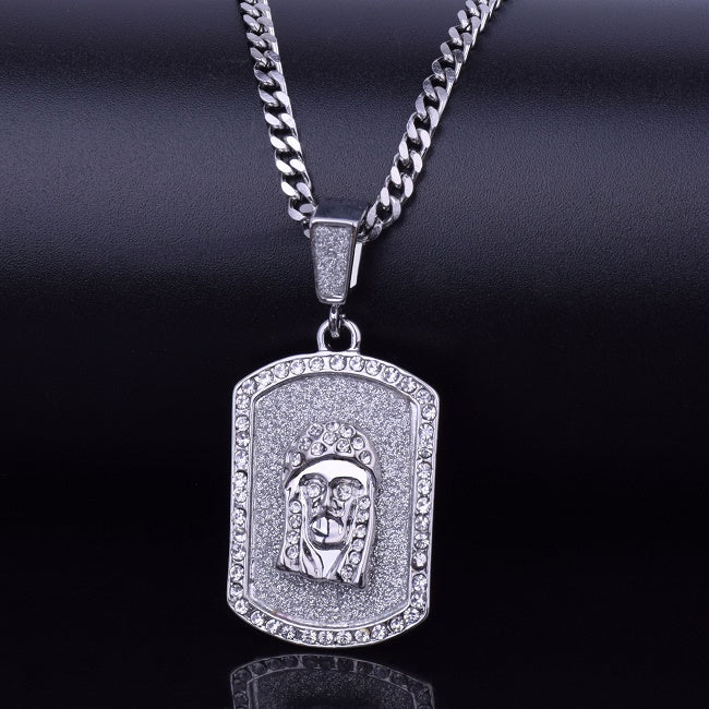 Ancient Of Days | Crushed Ice Micro Pave Jesus Face Dog Tag Hip Hop Chain