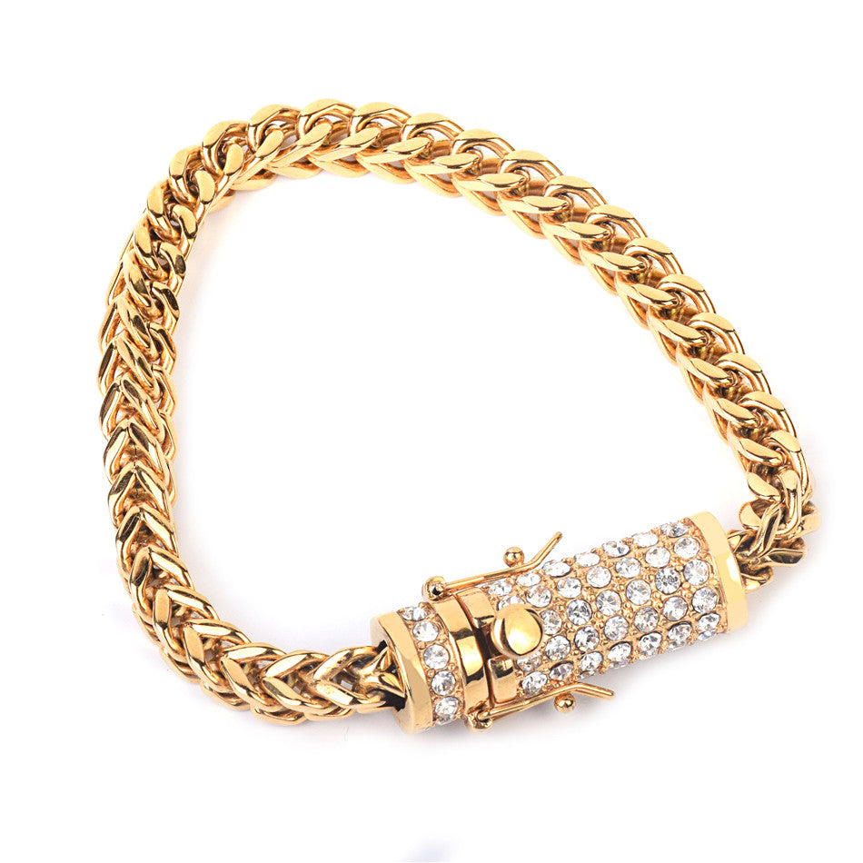 14k Gold Box Clasp Simulated Diamond Fox Franco Link Stainless Steel Bracelet