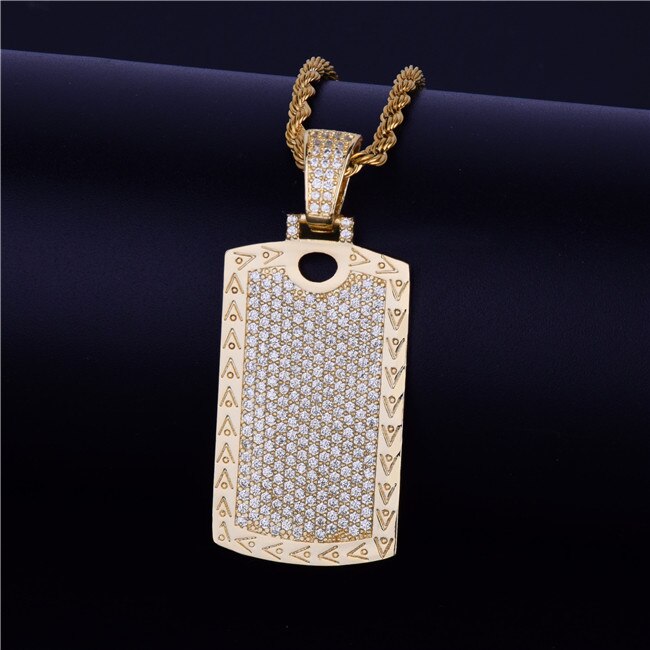 18k AAA Micro Pave Flooded Ice Cage Dog Tag Pendant Hip Hop Chain Necklace