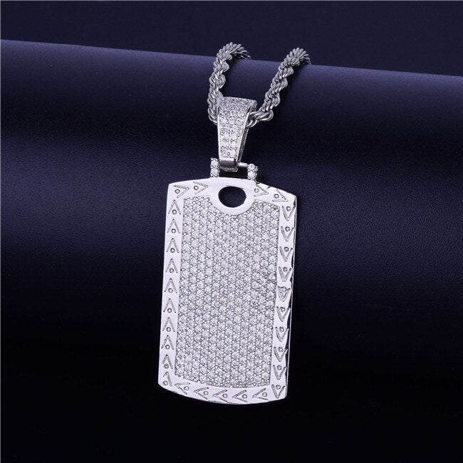 18k AAA Micro Pave Flooded Ice Cage Dog Tag Pendant Hip Hop Chain Necklace