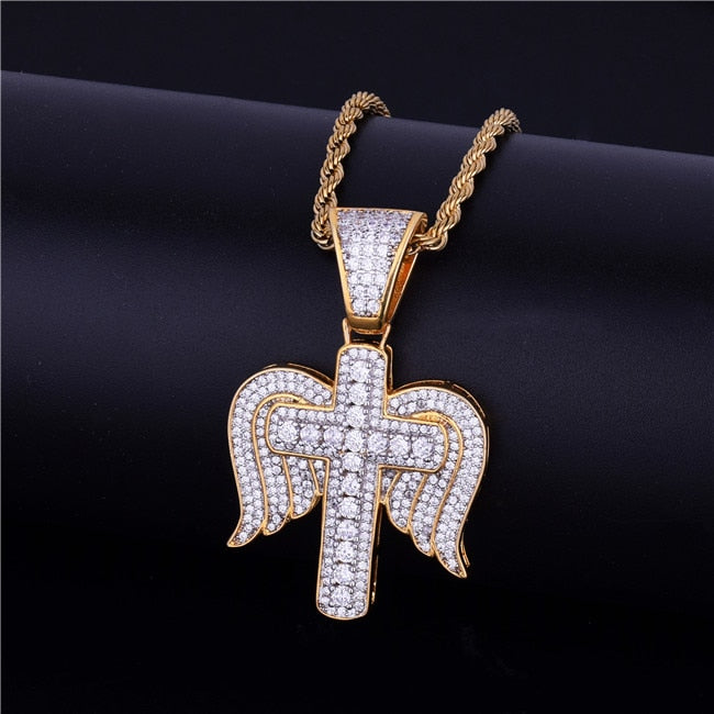 Flooded Ice 18k Gold .925 Silver Cross Angel Wings Hip Hop Necklace Chain Pendant