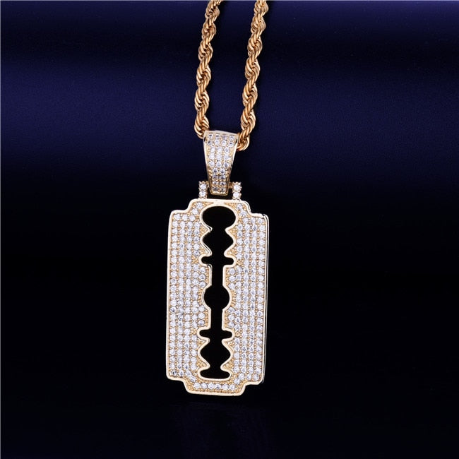 Flooded Ice 18k Gold .925 Silver Rose AAA Micro Pave Razor Blade Hip Hop Pendants Chain