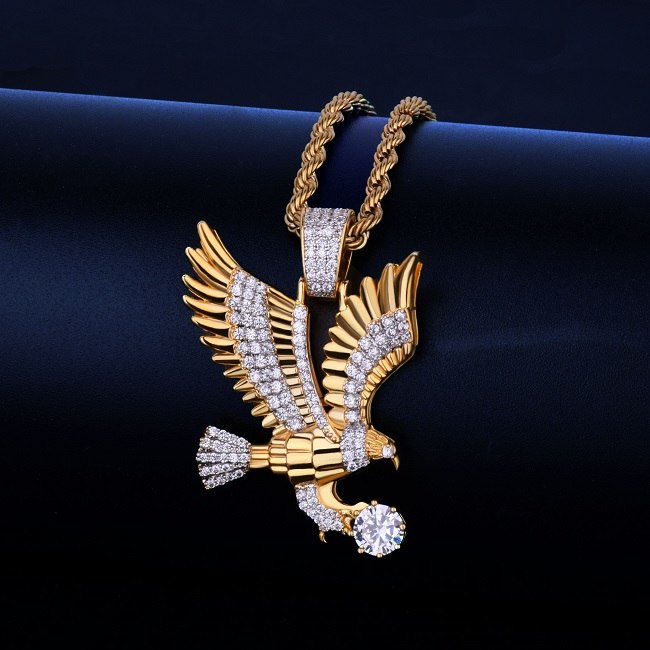 18k Gold AAA True Micro Pave Soaring Eagle Bling Pendant Chain Necklace