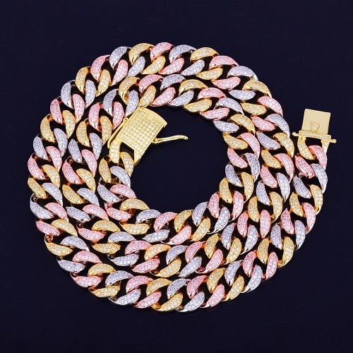 Rose Gold Silver 24k 12mm Mixed Color Cuban Link Hip Hop Chain Necklace