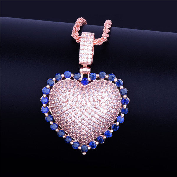 Ladies Rainbow Simulate Diamond Micro Pave Heart Pendant Chain Necklace