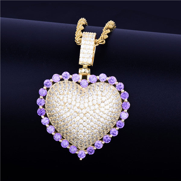 Ladies Rainbow Simulate Diamond Micro Pave Heart Pendant Chain Necklace