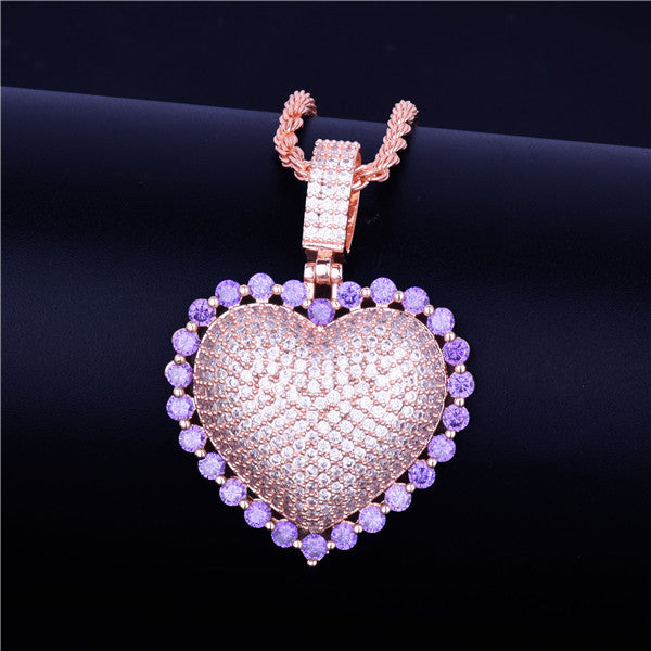 Ladies Rainbow Simulate Diamond Micro Pave Heart Pendant Chain Necklace