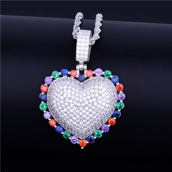 Ladies Rainbow Simulate Diamond Micro Pave Heart Pendant Chain Necklace
