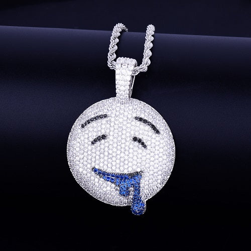 18k Gold .925 Silver Micro Pave Drool Over You Flooded Ice Emoji Pendant Chain Necklace