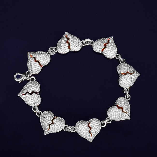 24k Gold .925 Silver Broken Heart Breaker True AAA Micro Pave Flooded Ice Hip Hop Bracelets