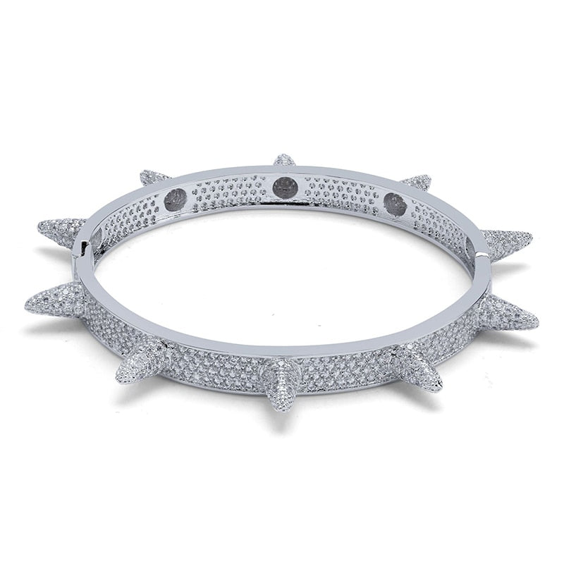 Micro Paved AAA Lab Diamond Stone Rivet Spike Open Cuff Bangle Bracelet