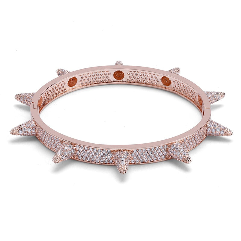 Micro Paved AAA Lab Diamond Stone Rivet Spike Open Cuff Bangle Bracelet