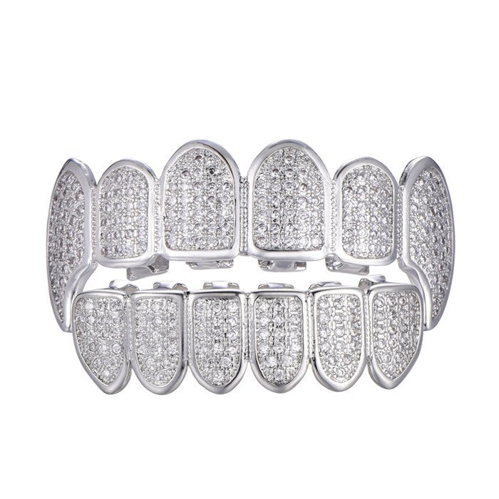 Original Ice Fang | Flooded Ice  Gold Silver Micro Pave Teeth Grillz Top Bottom Set