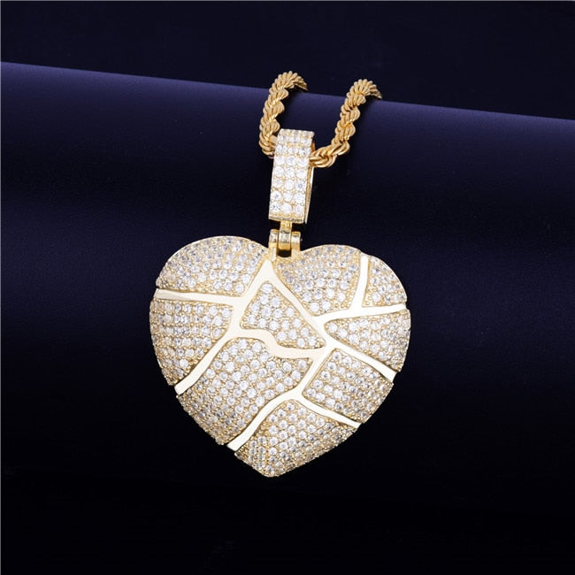 925 Silver 18k Gold AAA Micro Pave Broken Shattered Heart Iced