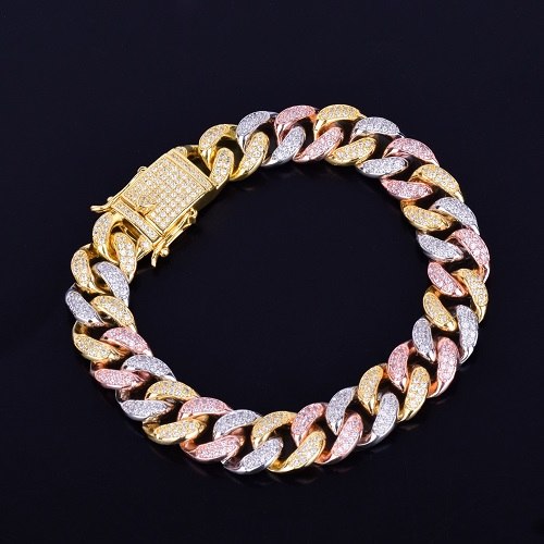 24k Gold Silver Rose Gold 12MM Mixed Color Miami Cuban Link Flooded Ice Chain Bracelet