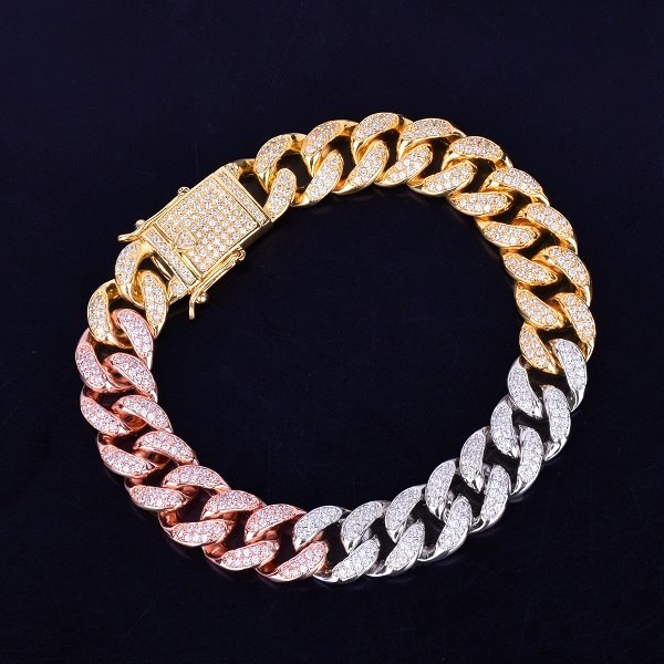 Rose Silver 24k 12MM Flooded Ice Mixed Color Miami Cuban Link Chain Bracelet