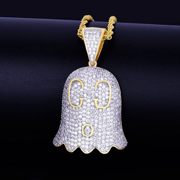 18k Gold AAA Micro Pave Ghost Emoji Flooded Ice Hip Hop Pendant Chain Necklace