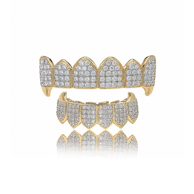 Hip Hop Micro Pave Clustered Stone Iced Out Fang Teeth Grillz Top Bottom Set